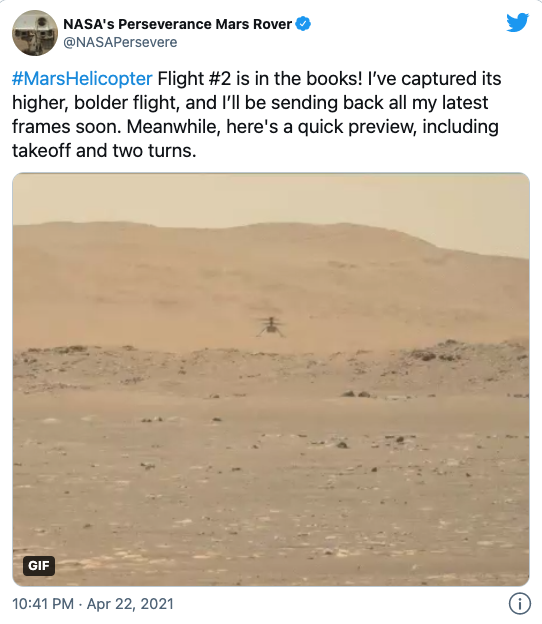NASA火星直升机“机智号”完成第二次飞行：更高、更远